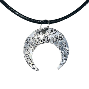 Handmade stamped‎ floral silver moon adjustable Black leather cord necklace